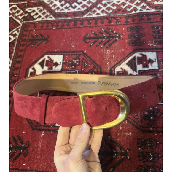 Vtg Donna Karan New York Red Gold Buckle Leather Belt Sz Small Made In Italy
